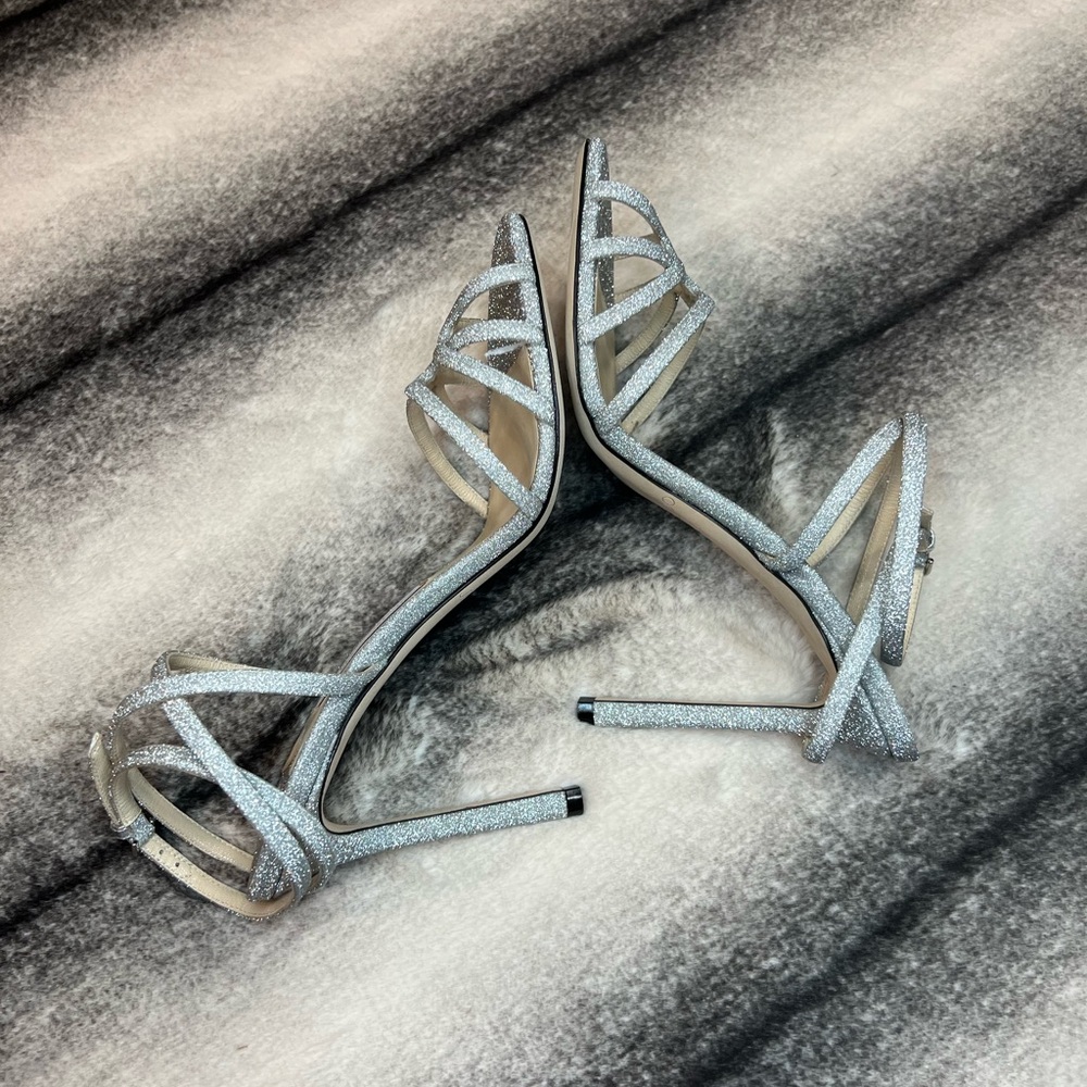 Jimmy Choo Mimi 100 mm Silver Fine Glitter Fabric Sandals Heels - Picture 5 of 8